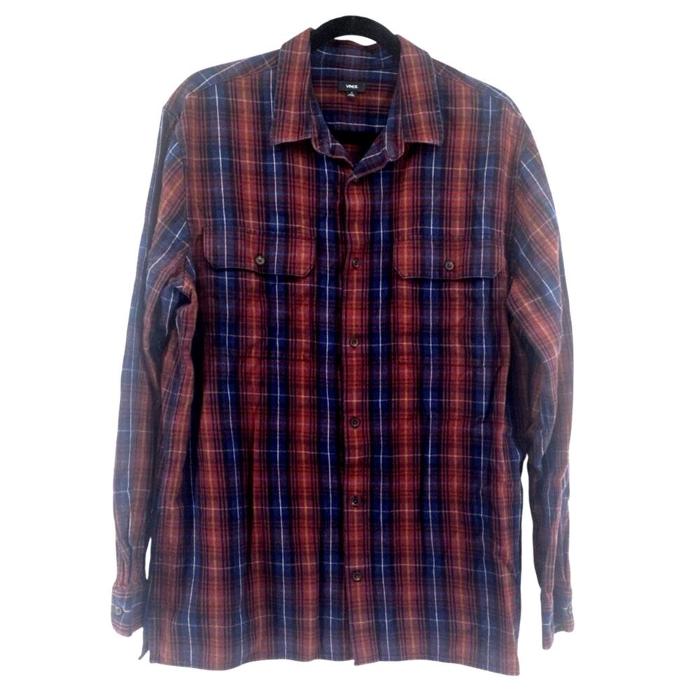 Vince. Men's XL Long Sleeve Red Plaid Gabardine Twill Outdoor Button Up Shirt